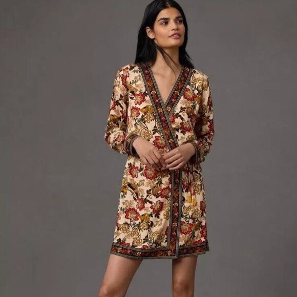 Farm Rio Wrap Style Leopard Fall Floral Mini Dress S XS - Picture 1 of 5